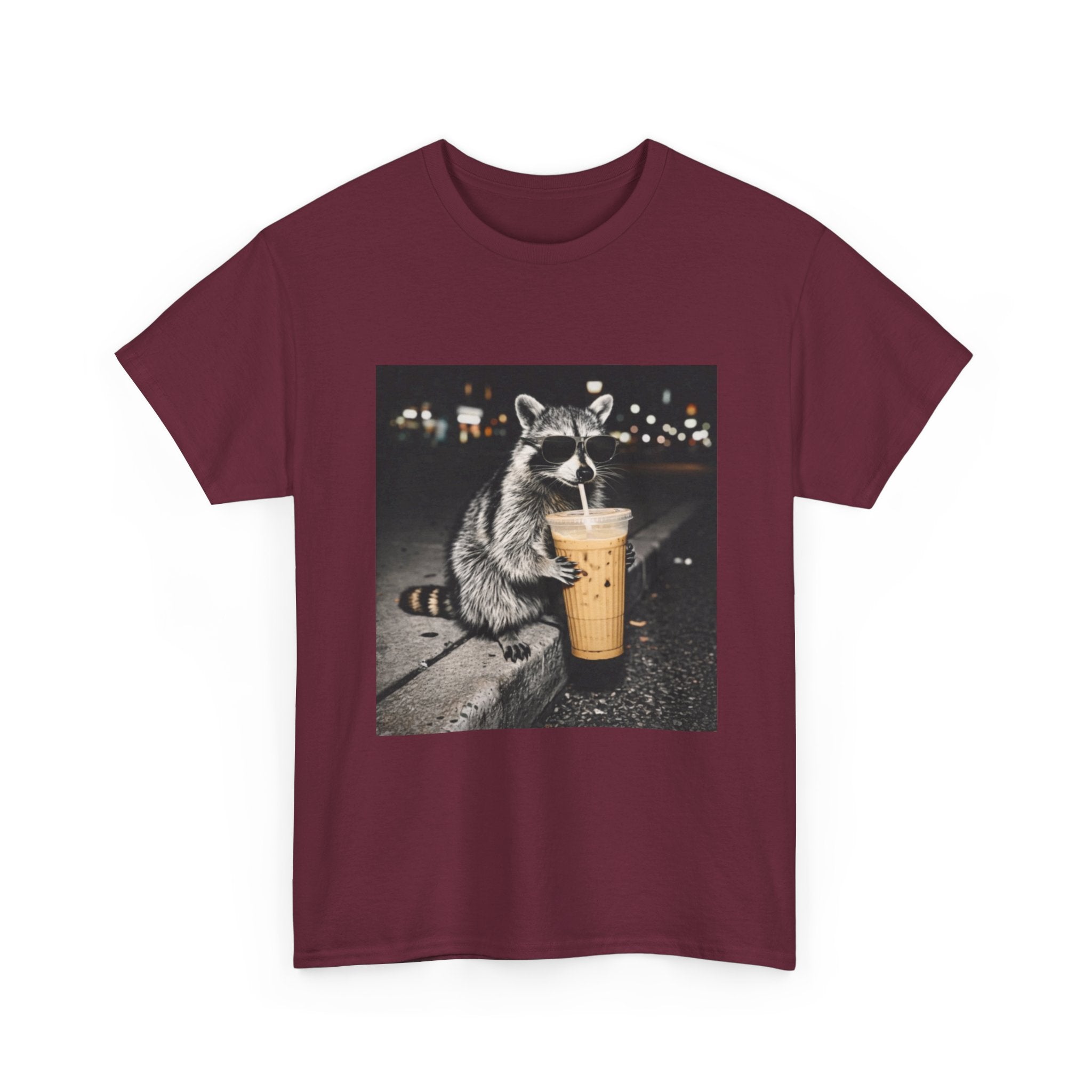 Raccoon Drinking Coffee Tee — Cute Nighttime Urban Wildlife T-Shirt