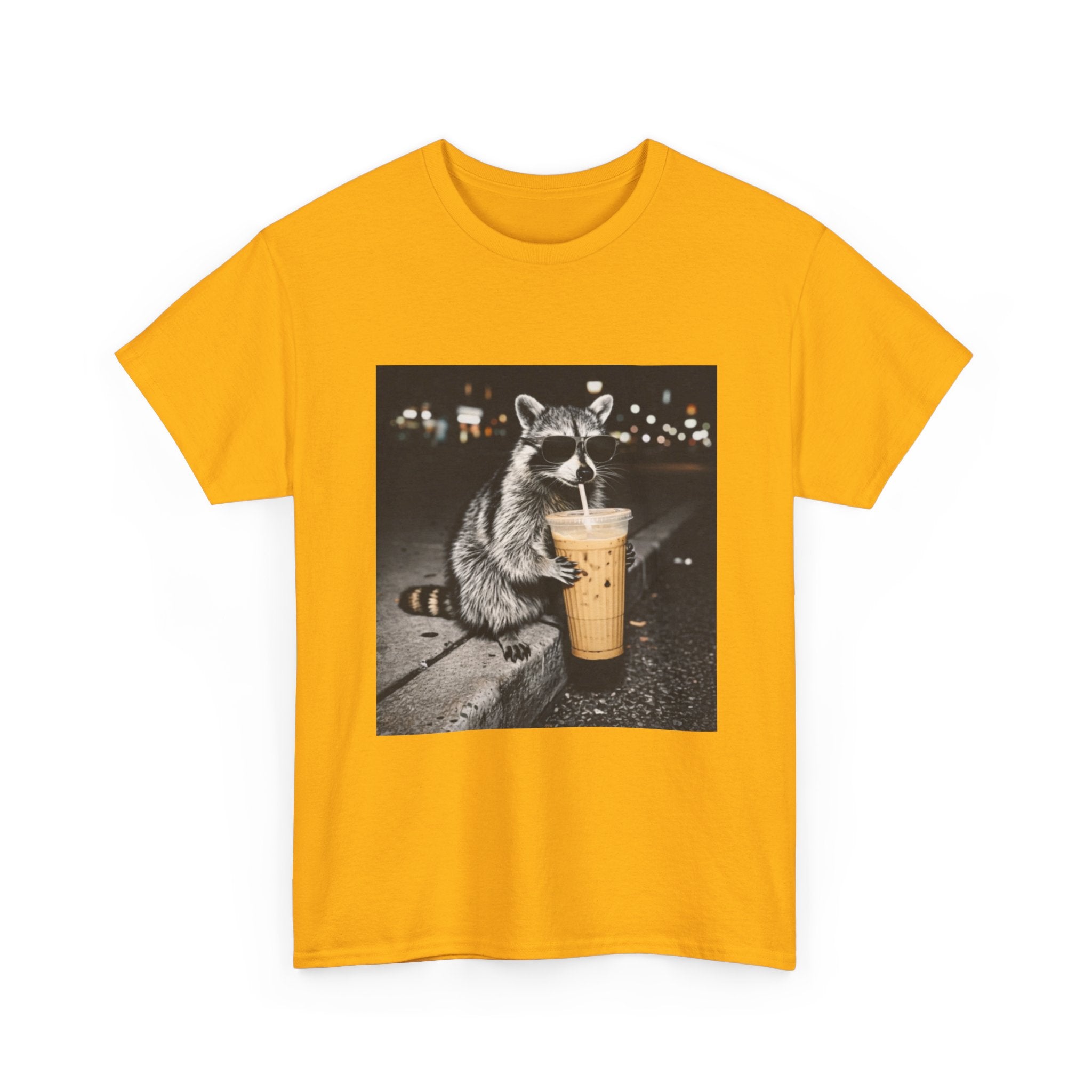 Raccoon Drinking Coffee Tee — Cute Nighttime Urban Wildlife T-Shirt