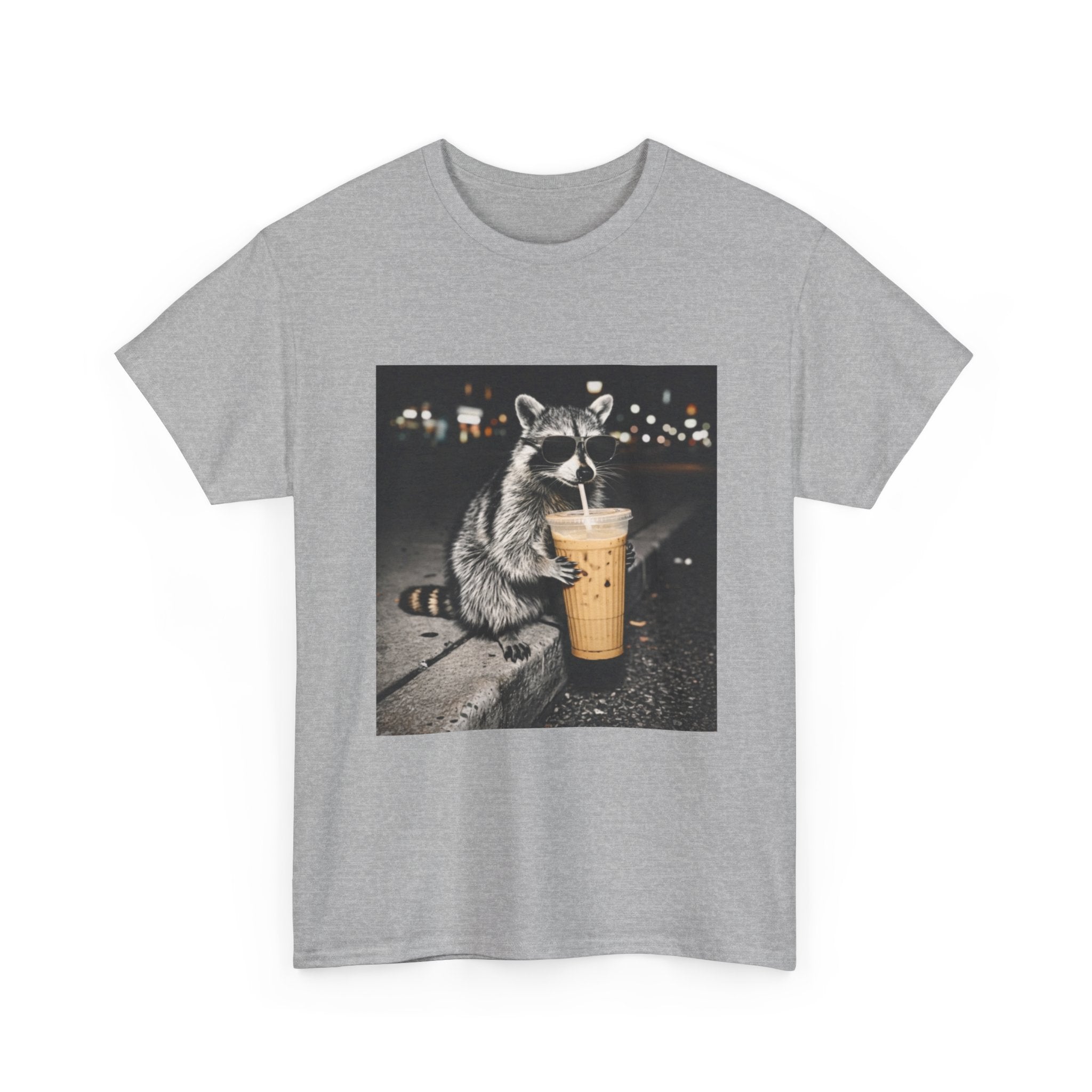 Raccoon Drinking Coffee Tee — Cute Nighttime Urban Wildlife T-Shirt