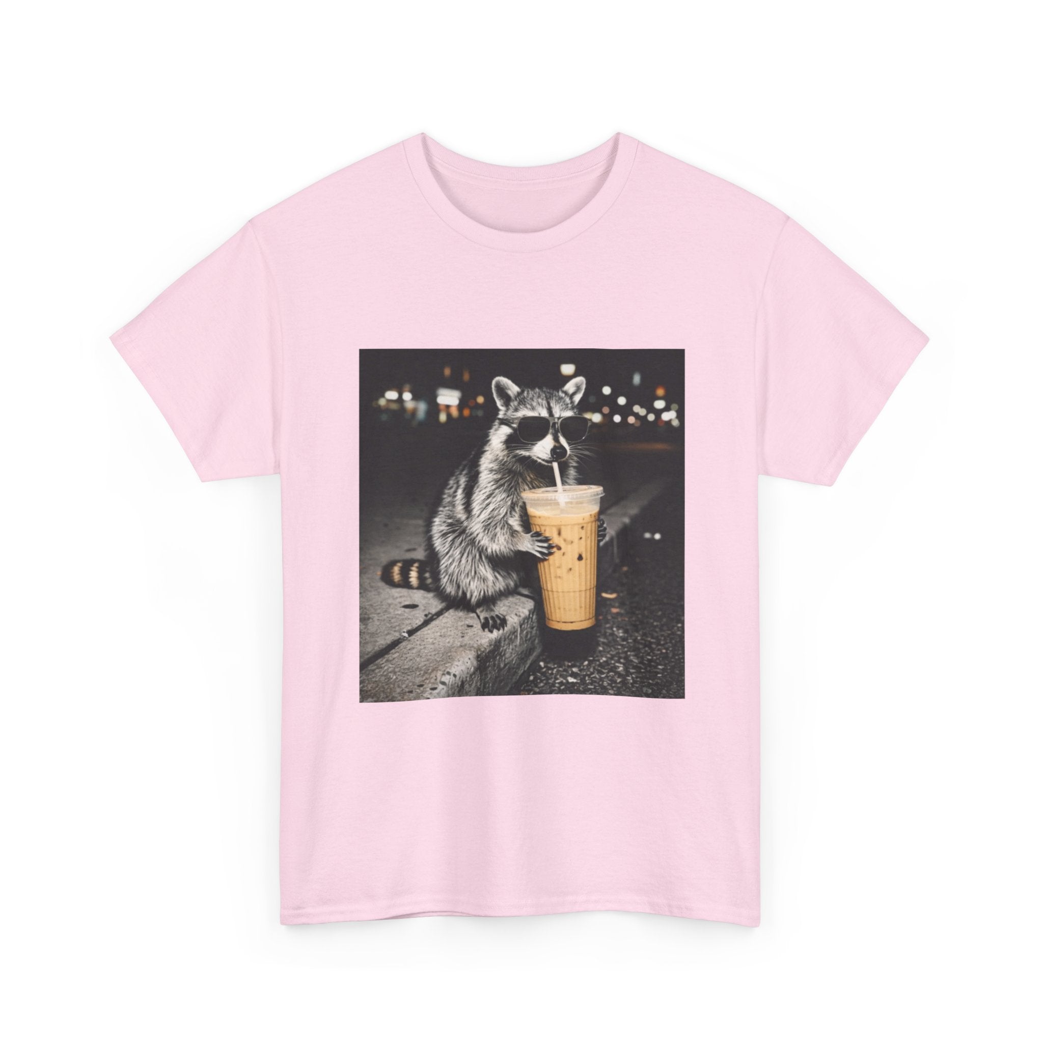 Raccoon Drinking Coffee Tee — Cute Nighttime Urban Wildlife T-Shirt