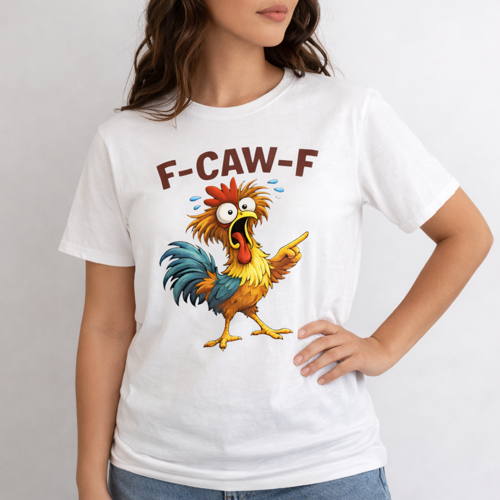 Rooster Graphic Tee — Funny 'F-CAW-F' Chicken Cartoon T-Shirt