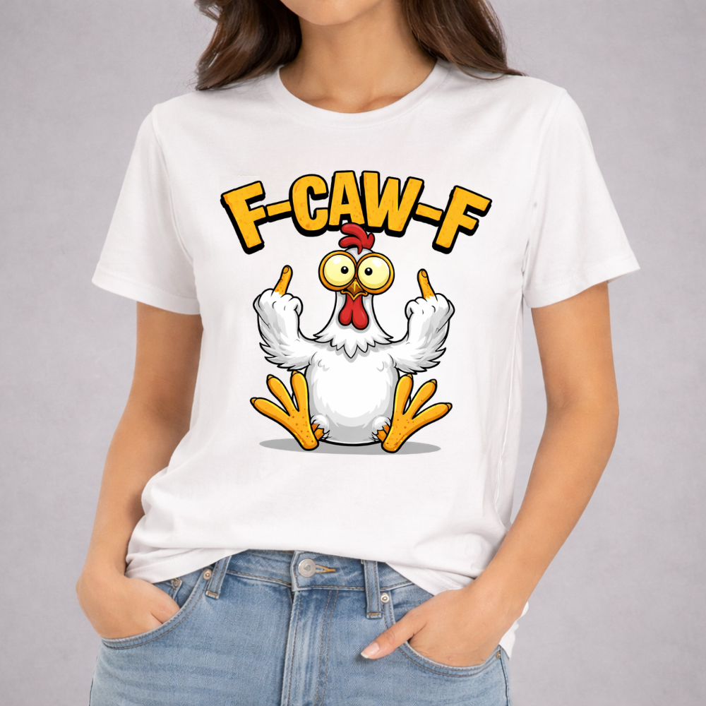 Funny Chicken T‑Shirt — "F-CAW-F" Cartoon Rooster Middle Finger Tee