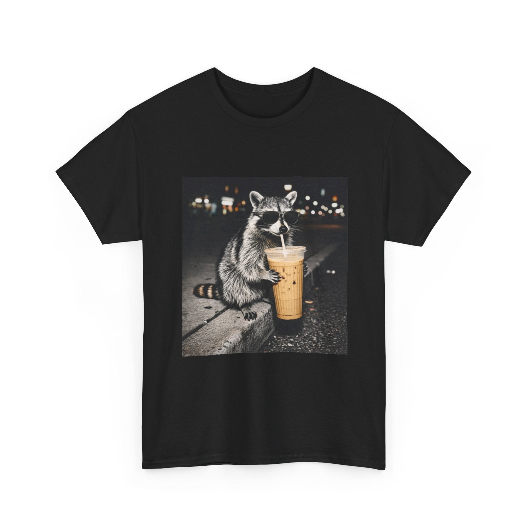 Raccoon Drinking Coffee Tee — Cute Nighttime Urban Wildlife T-Shirt