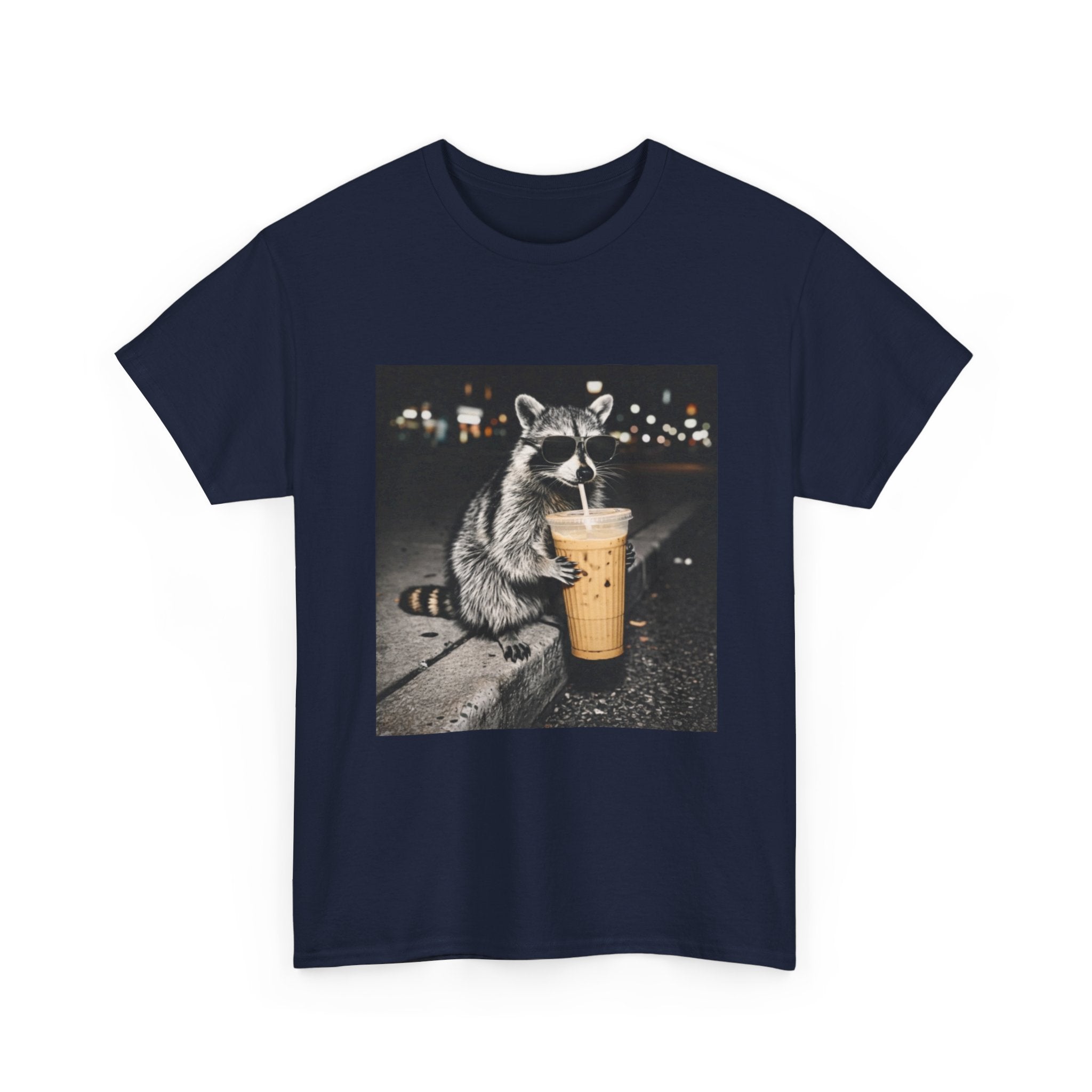 Raccoon Drinking Coffee Tee — Cute Nighttime Urban Wildlife T-Shirt