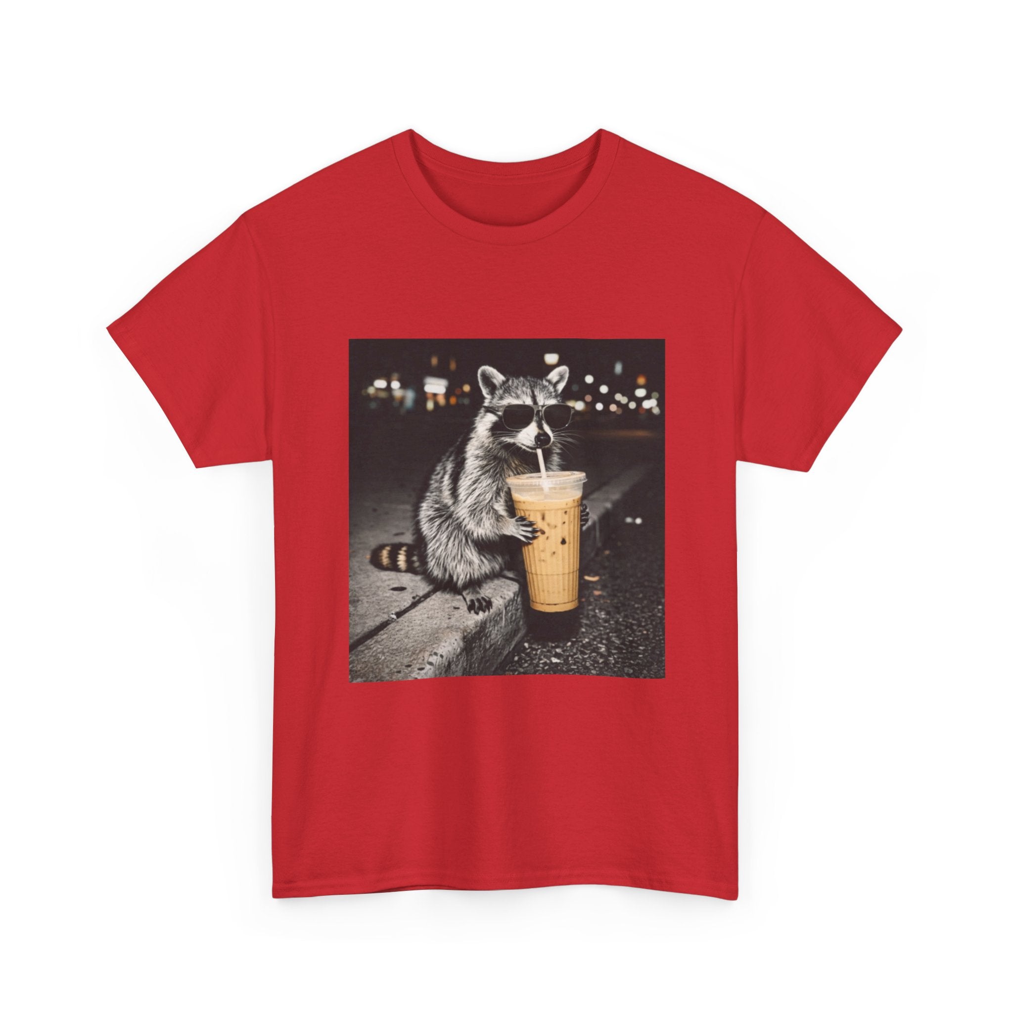 Raccoon Drinking Coffee Tee — Cute Nighttime Urban Wildlife T-Shirt