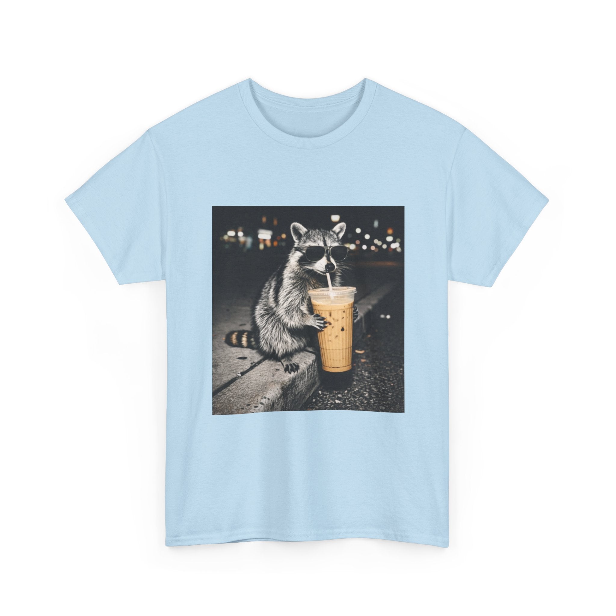 Raccoon Drinking Coffee Tee — Cute Nighttime Urban Wildlife T-Shirt