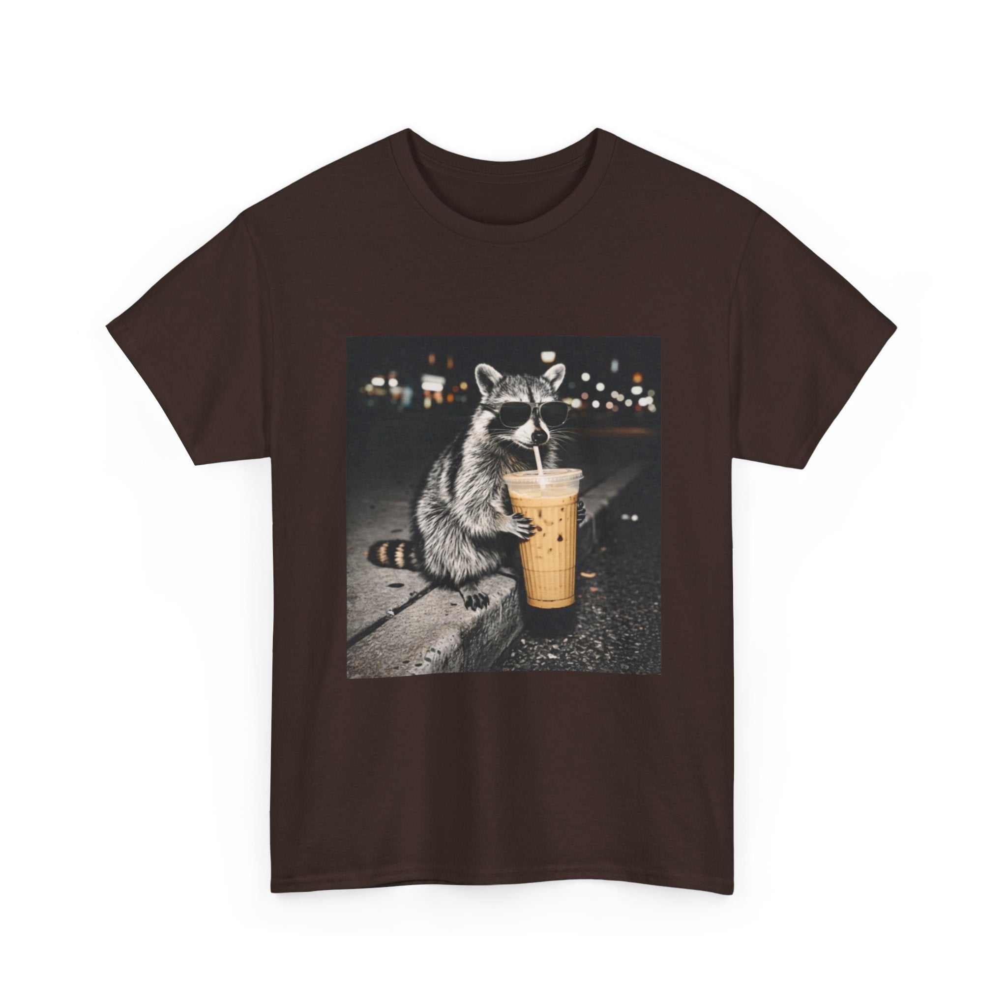 Raccoon Drinking Coffee Tee — Cute Nighttime Urban Wildlife T-Shirt