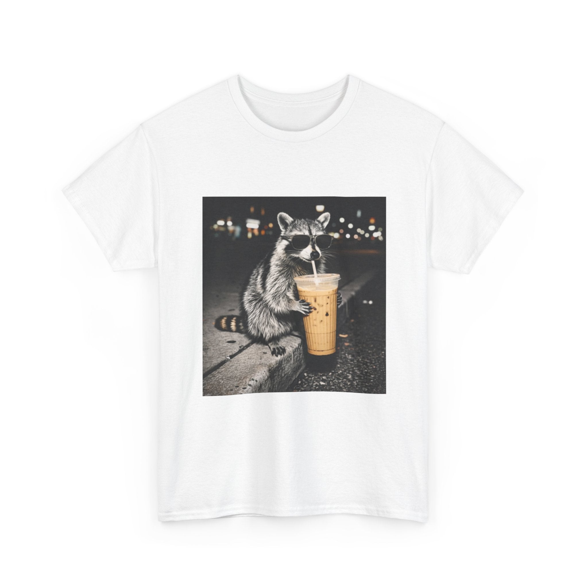 Raccoon Drinking Coffee Tee — Cute Nighttime Urban Wildlife T-Shirt