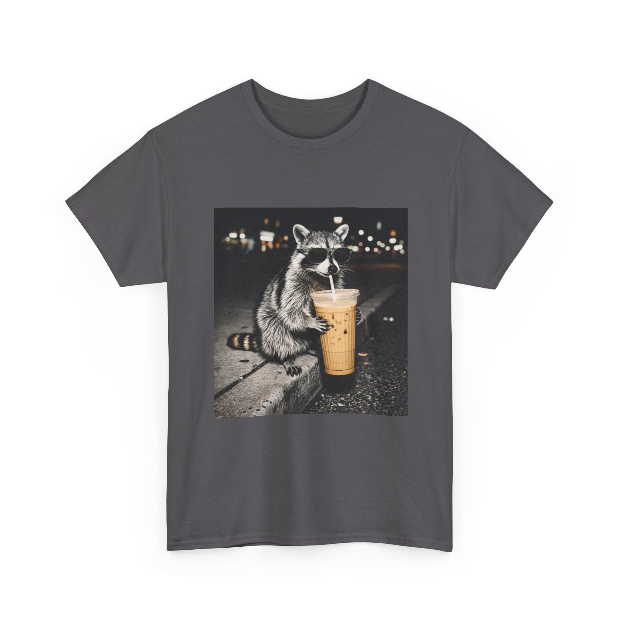 Raccoon Drinking Coffee Tee — Cute Nighttime Urban Wildlife T-Shirt