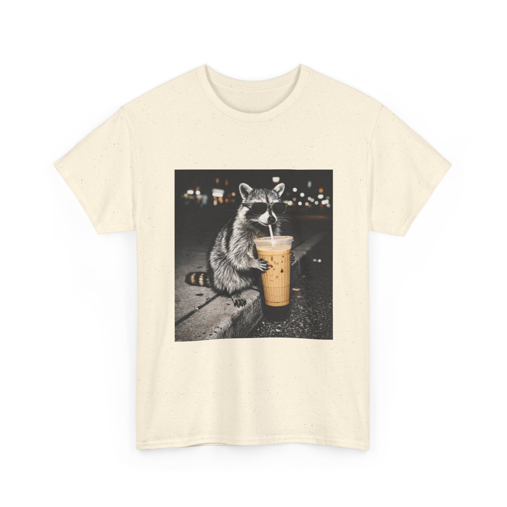 Raccoon Drinking Coffee Tee — Cute Nighttime Urban Wildlife T-Shirt
