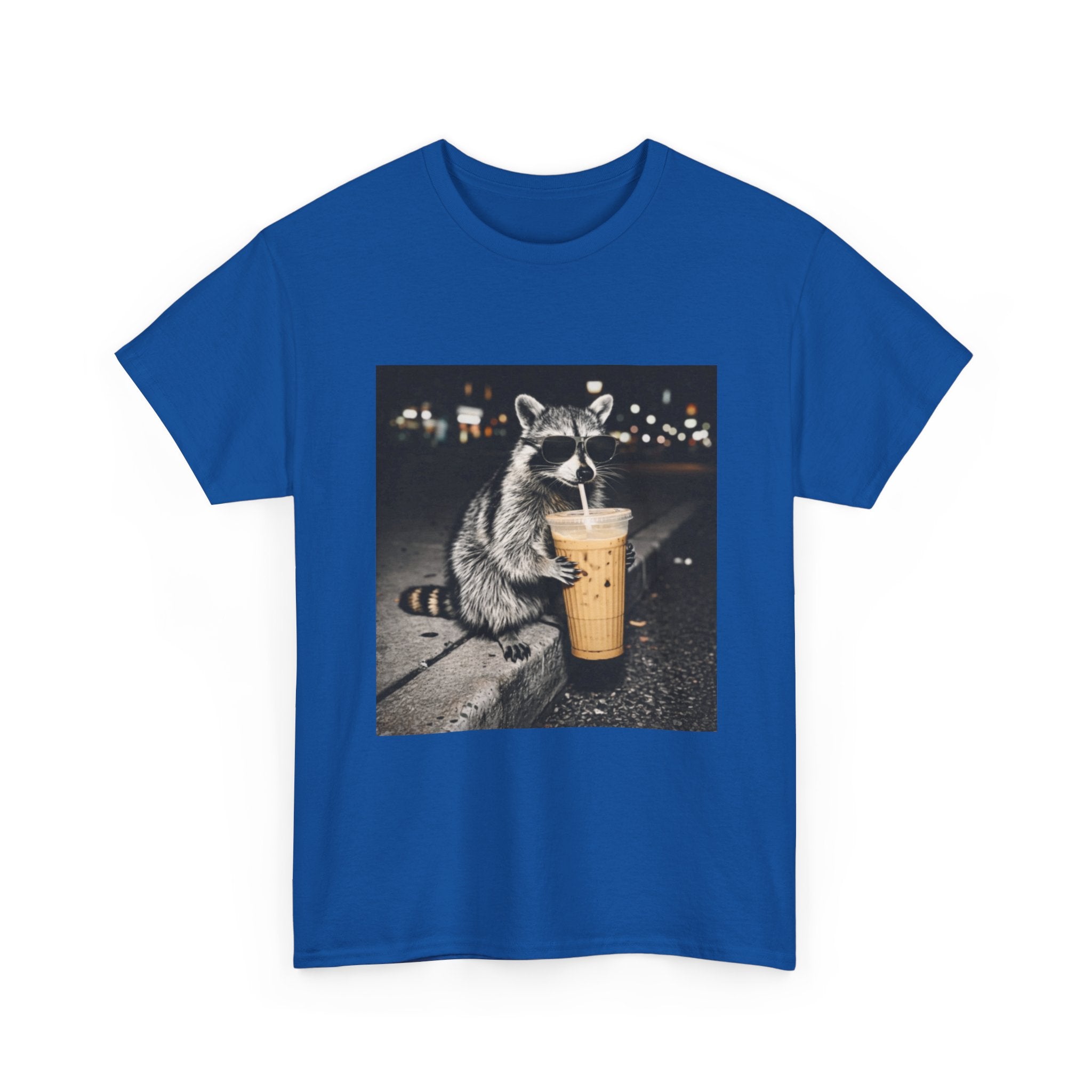 Raccoon Drinking Coffee Tee — Cute Nighttime Urban Wildlife T-Shirt