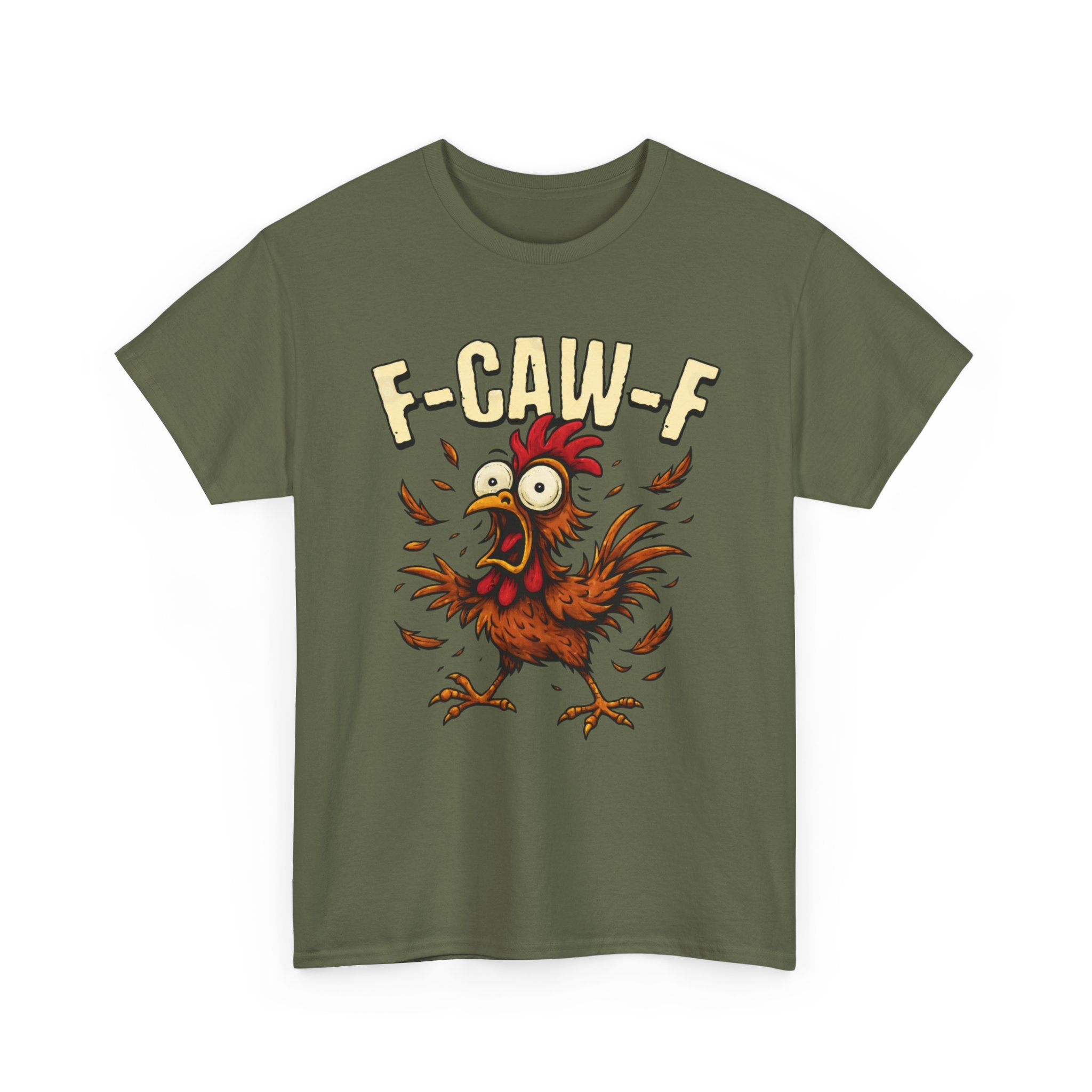 Chicken Cartoon Tee — 'F-CAW-F' Funny Rooster Graphic T-Shirt