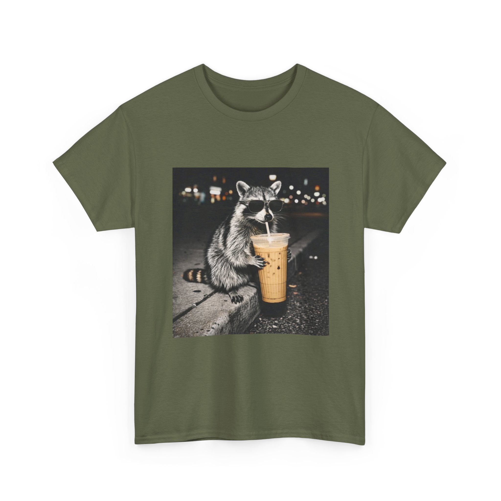 Raccoon Drinking Coffee Tee — Cute Nighttime Urban Wildlife T-Shirt
