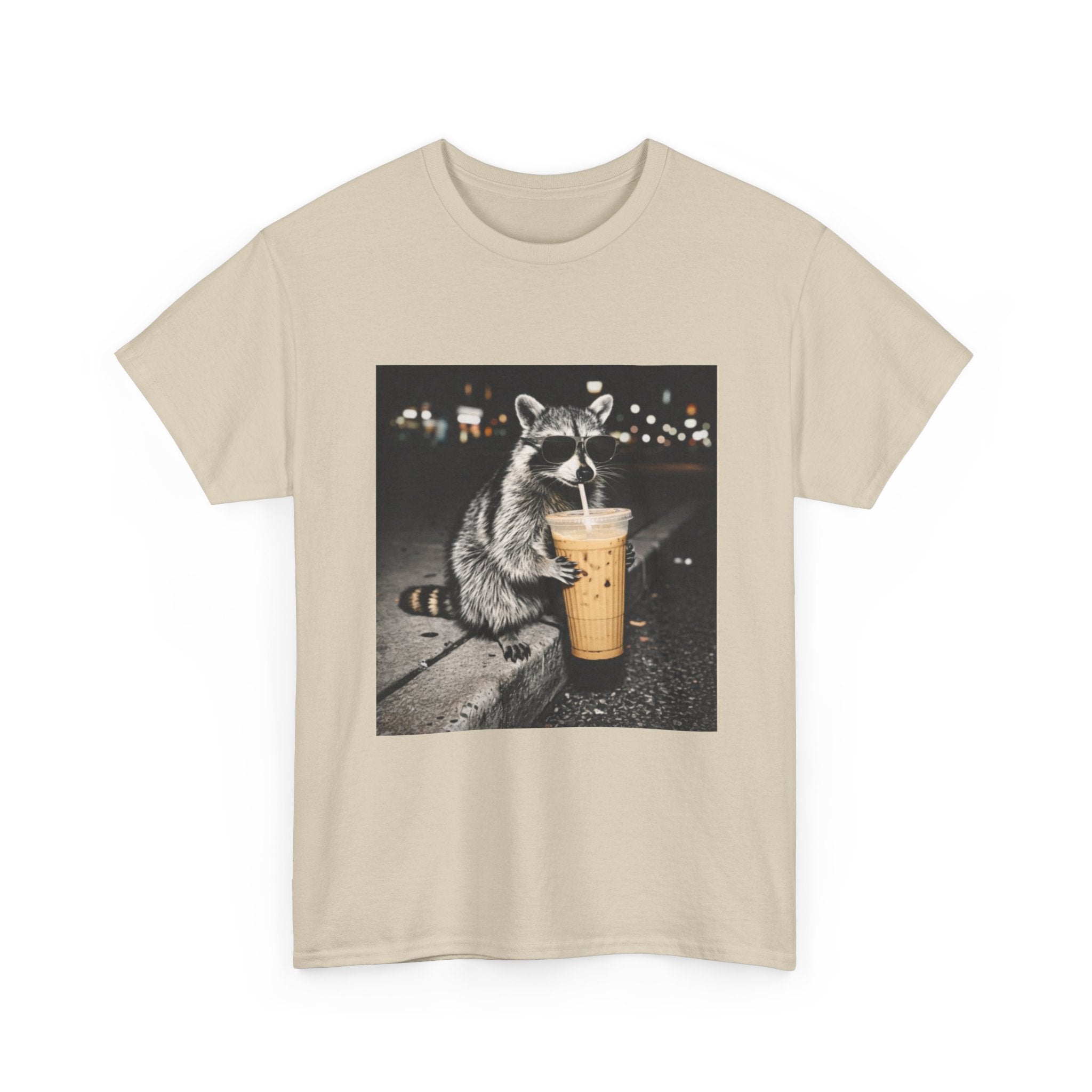 Raccoon Drinking Coffee Tee — Cute Nighttime Urban Wildlife T-Shirt